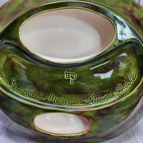 Vtg Glazed Green Two Toned Ceramic Ashtray with 11 Slots German Gothic Markings - Picture 7 of 10